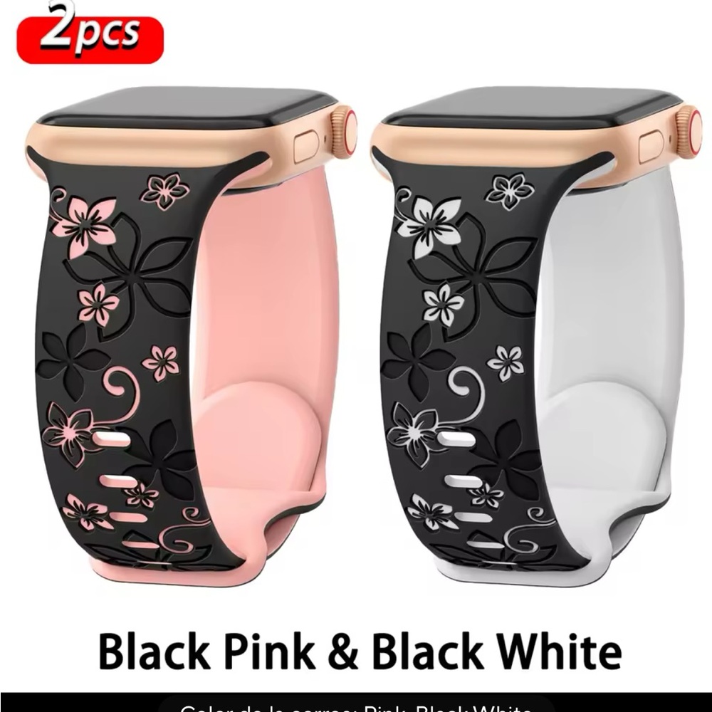 Floral silicon Smartwatch Bands - Pink, white and Black Set (both together)